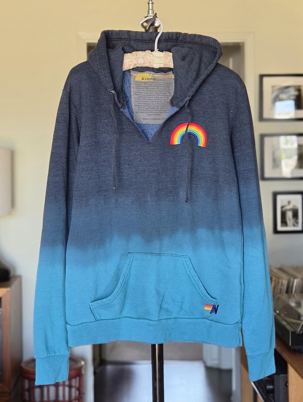 Aviator Nation Ombre Blue Hoodie with Rainbow Patch NWOT